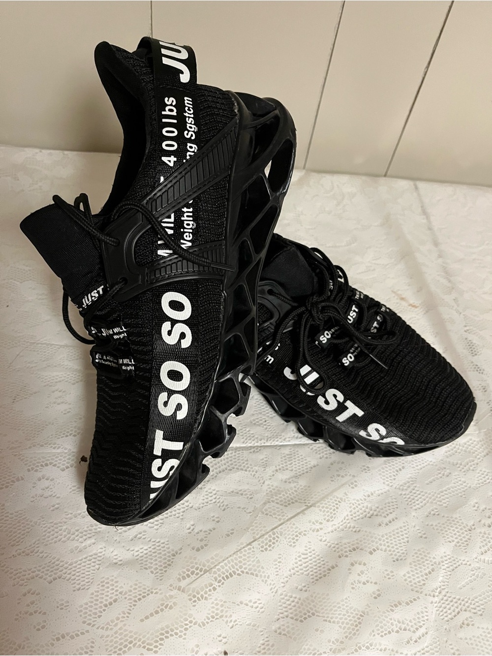 Black 'JUST SO SO' Text Knit Athletic Sneakers
